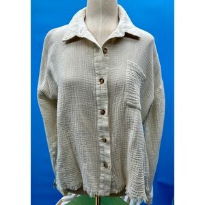 Hem & Thread Cream Cotton Gauze Frayed Hem Button Down Shirt Womens Lg Lagenlook